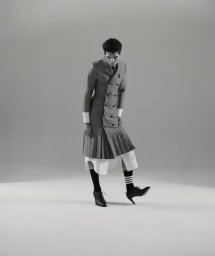 Man wearing a double-breasted coat dress and heels standing against a neutral grey studio background