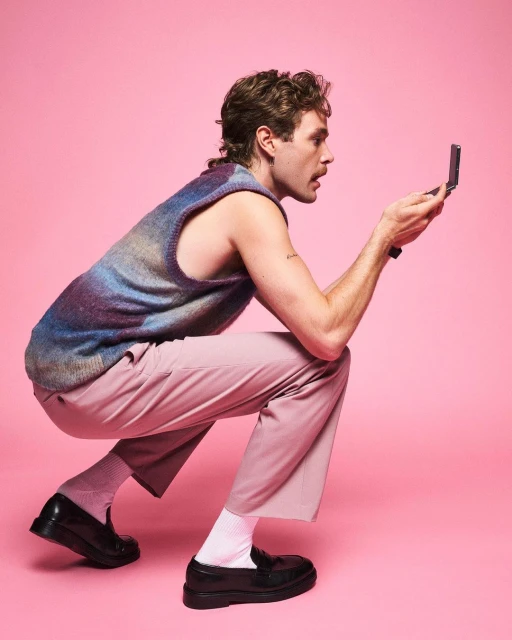 Man crouches in photo studio against pink background, looking at a flip-phone. He is wearing a multicolored sweater vest, pink pants and loafers.