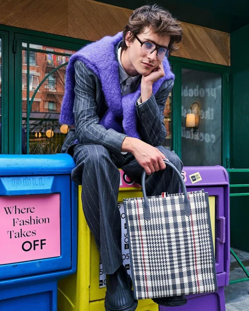 A young man in a pinstripe suit sits on a blue and yellow newspaper stand holding a plaid tote bag in an urban setting.