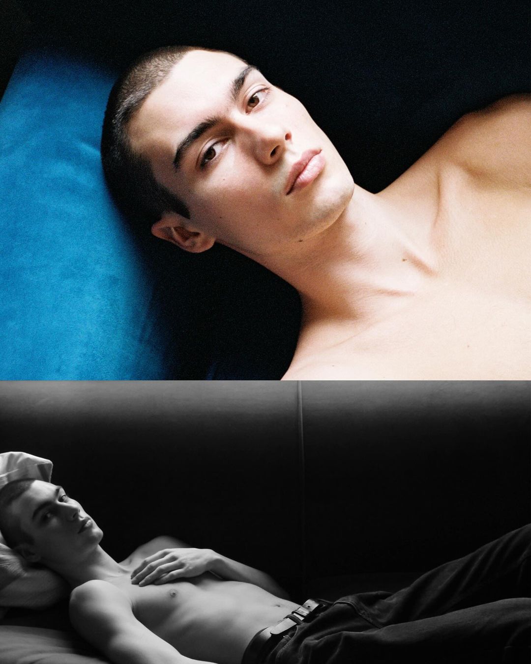 Portrait of a shirtless young man lying down against a dark background captured by Daniyel Lowden.