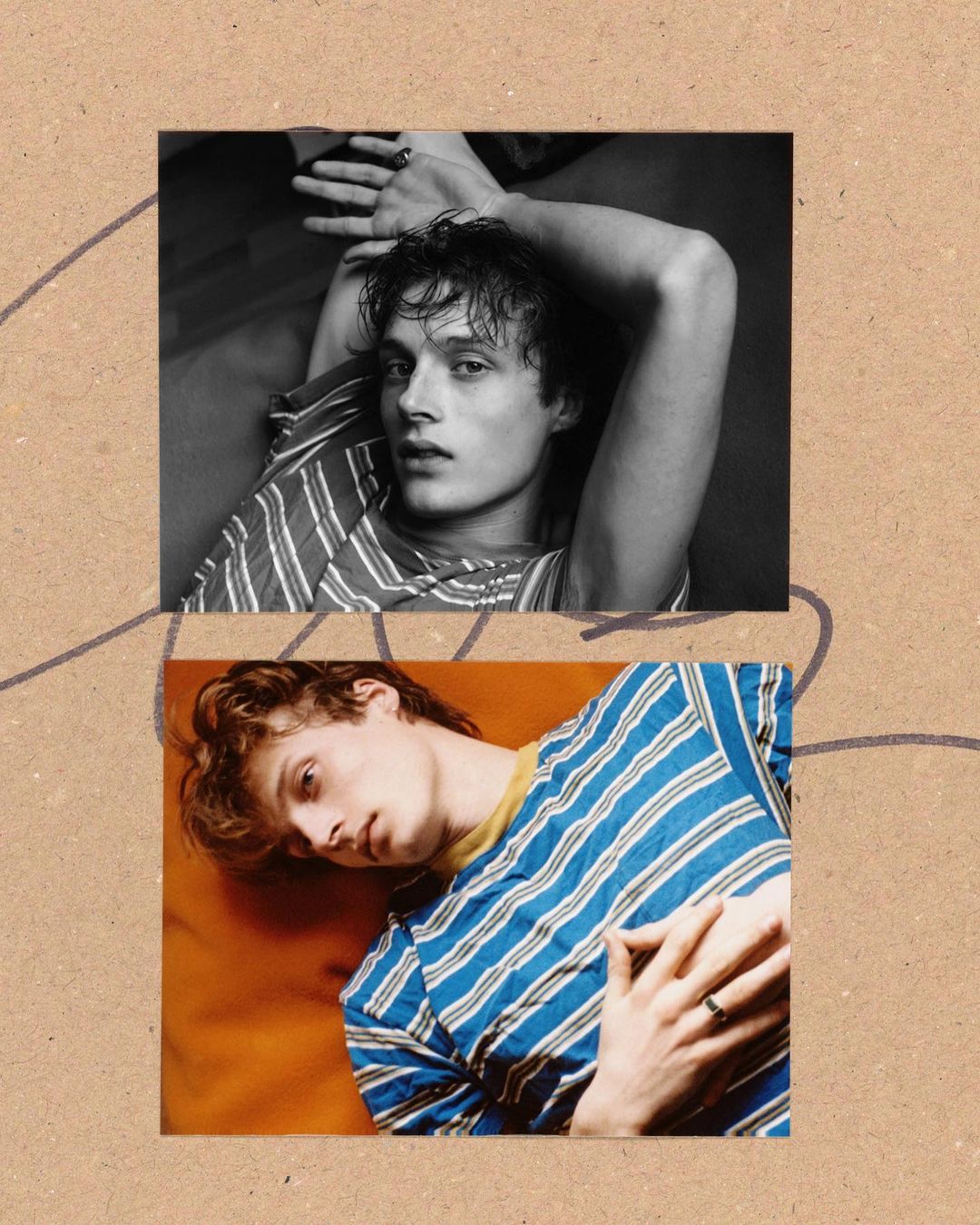 A black and white and a color studio headshot of a young adult man with his hands in view, wearing a striped t-shirt.