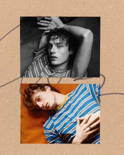A black and white and a color studio headshot of a young adult man with his hands in view, wearing a striped t-shirt.