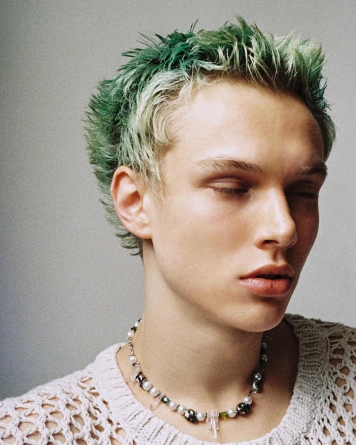 Portrait of a young adult male with green-tinted hair, eyes closed, wearing a pearl necklace and a crocheted shirt against a neutral background.