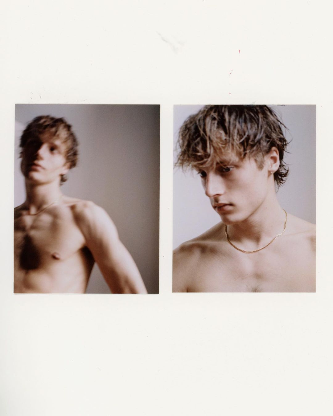 Two images of a shirtless adult male with brown wavy hair and a gold chain against a neutral background, captured in soft lighting.