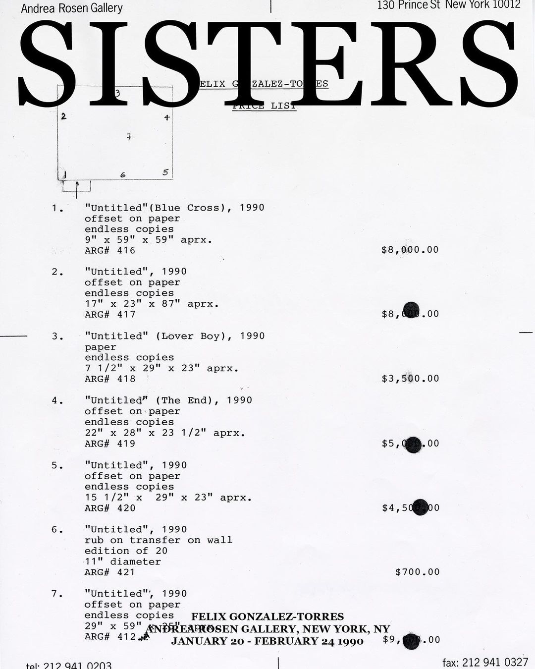 Price list from the Andrea Rosen Gallery featuring artwork from Felix Gonzalez-Torres, New York, NY, January 20-February 24 1990.
