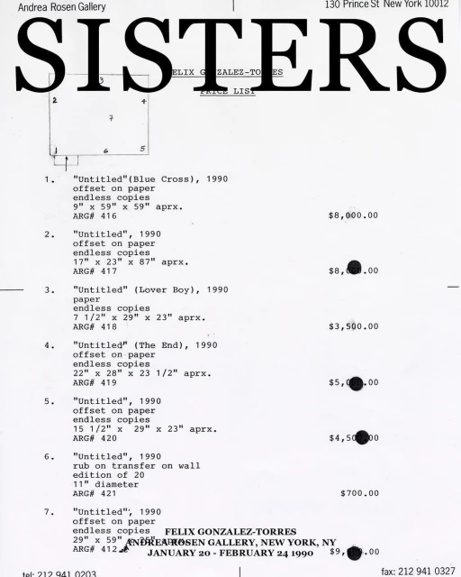 Price list from the Andrea Rosen Gallery featuring artwork from Felix Gonzalez-Torres, New York, NY, January 20-February 24 1990.