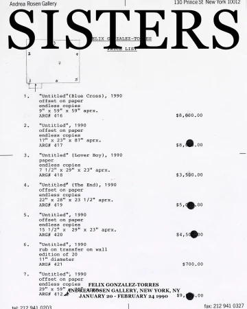 Price list from the Andrea Rosen Gallery featuring artwork from Felix Gonzalez-Torres, New York, NY, January 20-February 24 1990.