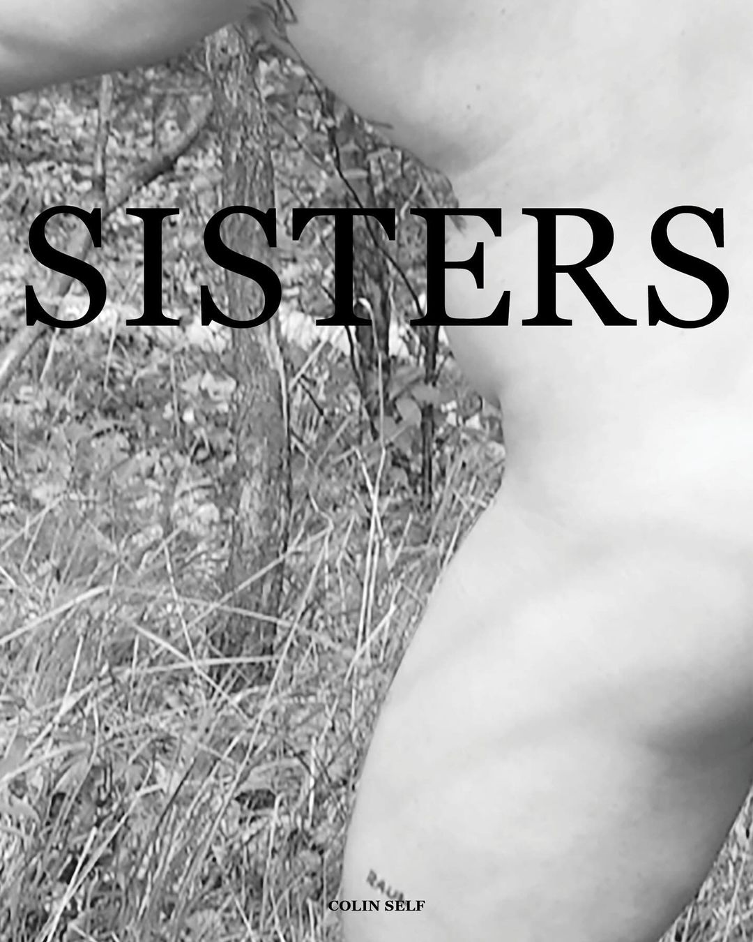 Monochromatic outdoor artistic photo featuring bodies, trees, and tall grass, with the word 'Sisters' prominently displayed in large letters.
