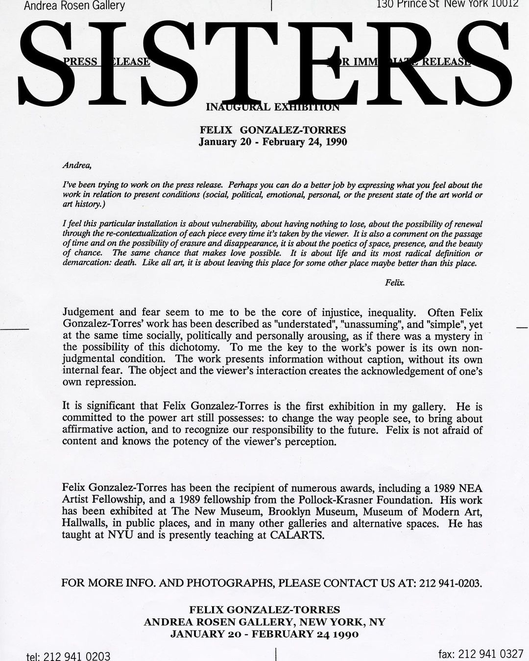 Press release for Felix Gonzalez-Torres' inaugural exhibition, January 20 - February 24, 1990, at Andrea Rosen Gallery, New York, NY.