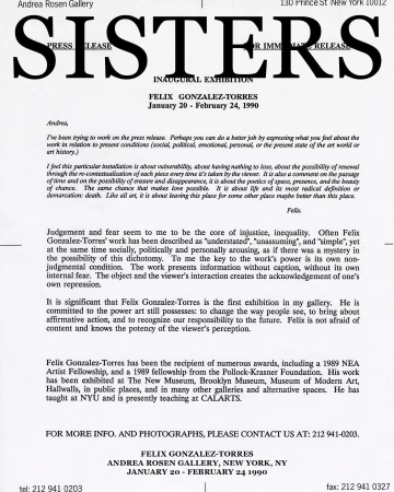 Press release for Felix Gonzalez-Torres' inaugural exhibition, January 20 - February 24, 1990, at Andrea Rosen Gallery, New York, NY.