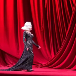 Model in a black lace evening gown and white wig walking across a red stage with dramatic red curtain backdrop.