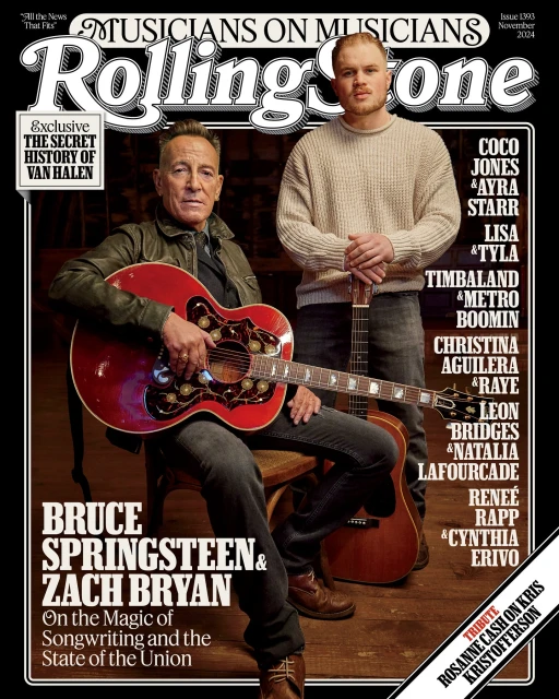 Rolling Stone magazine cover featuring Bruce Springsteen and Zach Bryan with guitars, against a dark background with magazine text.