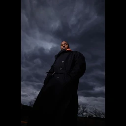 Low-angle portrait of Nas in a long black trench coat against a dramatic cloudy sky by Danny Clinch in New York.