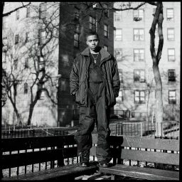 Portrait of Nas standing on a park bench in New York wearing an oversized zip jacket and overalls shot by Danny Clinch