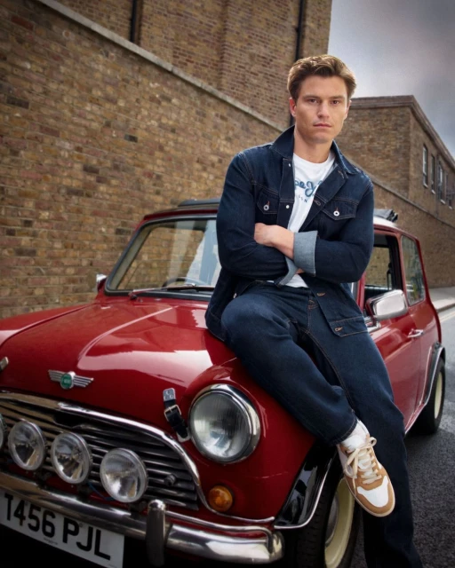 Adult male in a dark denim jacket and jeans sits on the red hood of a Mini Cooper in front of a brick building on a city street.