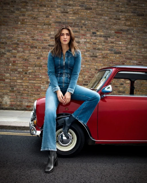 A woman in a denim jumpsuit poses while sitting on the hood of a red Mini Cooper parked on a street with a brick wall backdrop.
