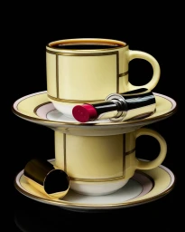Stacked yellow patterned ceramic teacups and saucers with a lipstick resting on top against a black background.