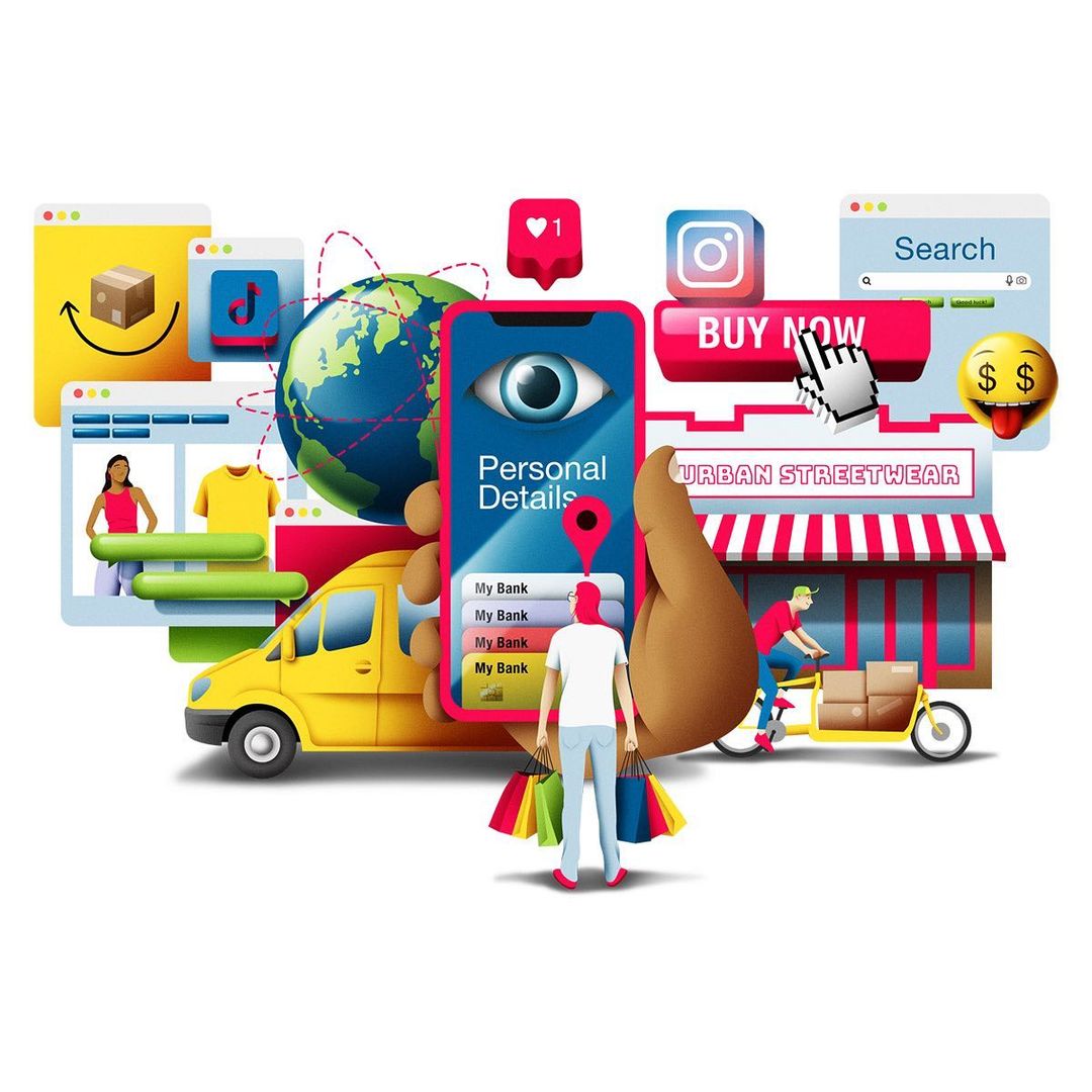 Digital illustration of online shopping with mobile phone, delivery van, globe, online store, and digital interface elements.