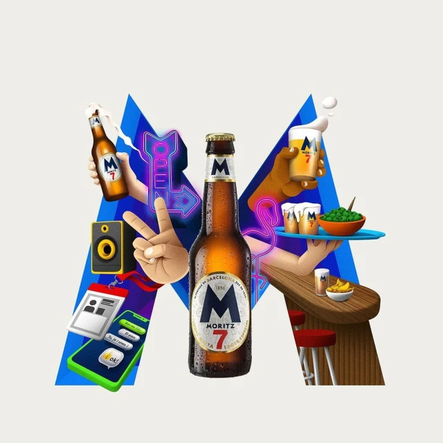 Moritz beer bottle stands out amidst playful animation, complete with neon signage, mobile phone, food, and animated hands.