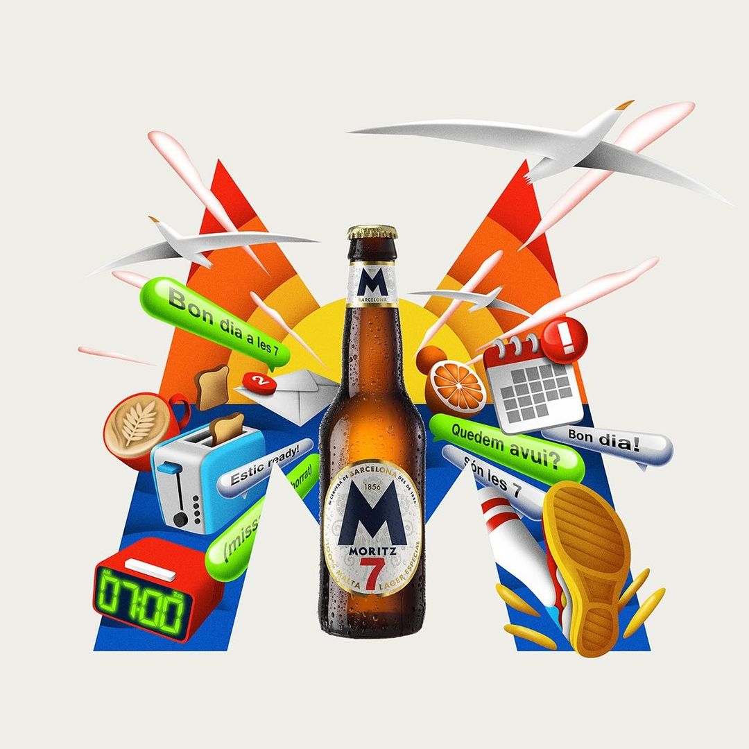 Illustrated Moritz beer bottle on a white background, surrounded by icons, flying birds and graphic elements with bright, saturated colors.