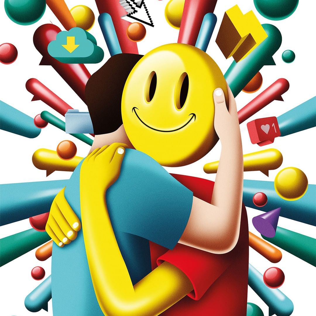 Illustration depicting two figures embracing, one with a smiling face emoticon head, surrounded by digital icons and abstract shapes.