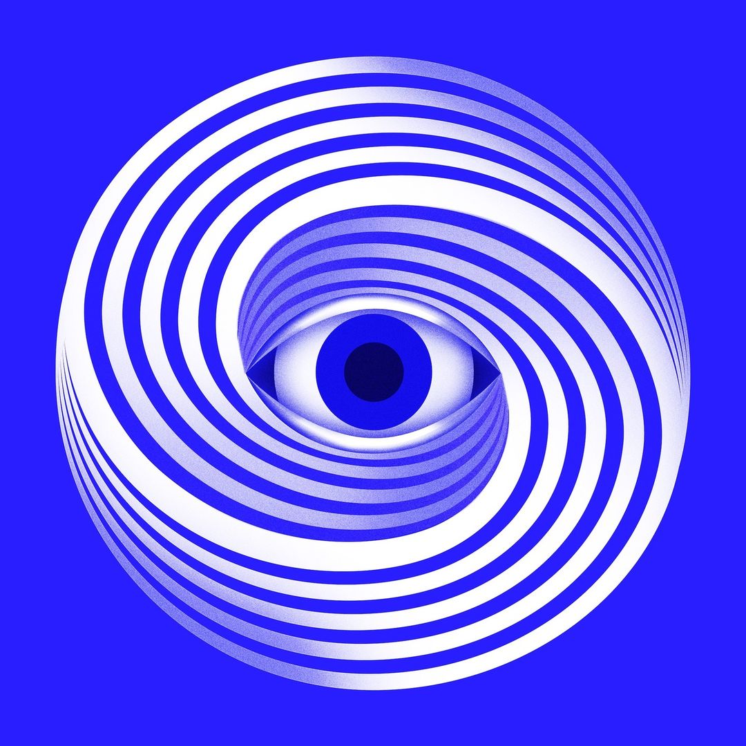 Blue and white abstract image of a single eye in a swirling vortex, created with illustration and visual effects, for Technology visuals.