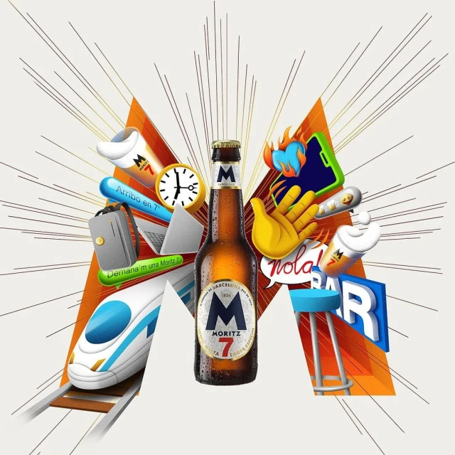 Moritz beer bottle in an illustrative graphic with travel icons like train, laptop, and watch, against a gradient orange background.