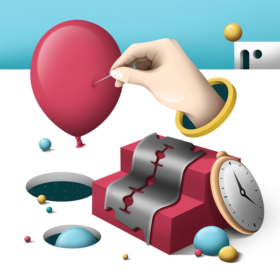 Conceptual art featuring a hand about to pop a red balloon with a needle, set against a surreal background with geometric shapes.