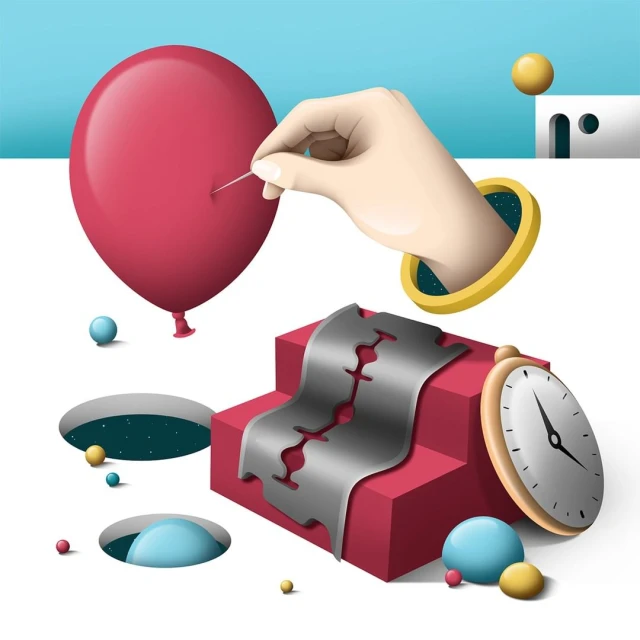 Conceptual art featuring a hand about to pop a red balloon with a needle, set against a surreal background with geometric shapes.
