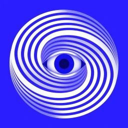 Graphic illustration of a human eye centered inside a white optical spiral against a vibrant solid blue background