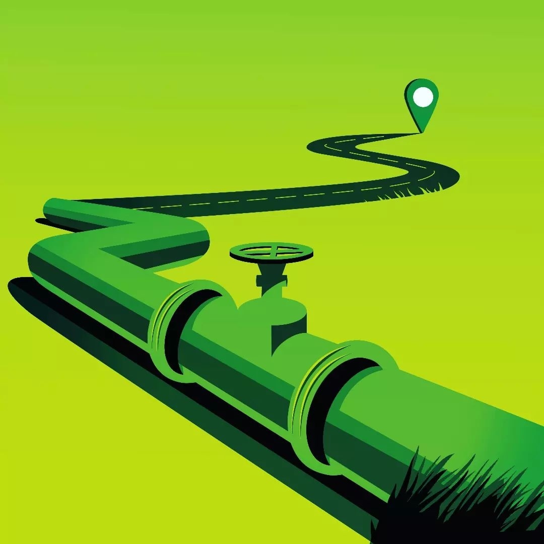 Green pipeline illustration with a winding path leading to a location pin on a green background, conveying direction and destination.