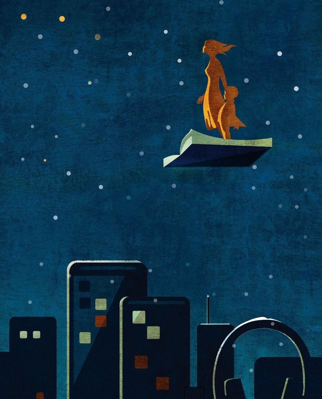 Stylized illustration of a woman and child on a book flying over buildings at night, stars in the sky, creating a whimsical scene.