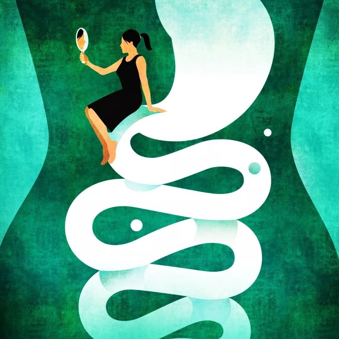 Illustration of a woman in a black dress seated on a spiraling white form, gazing into a hand mirror against a turquoise background.