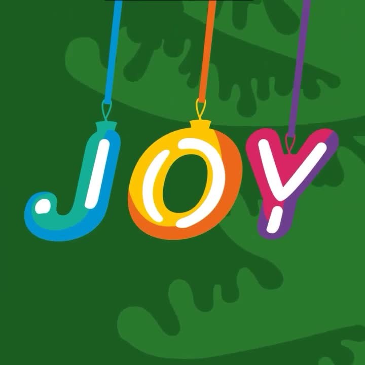 Whimsical typographic Christmas holiday design featuring the word JOY spelled out as ornaments on a stylized evergreen tree branch.