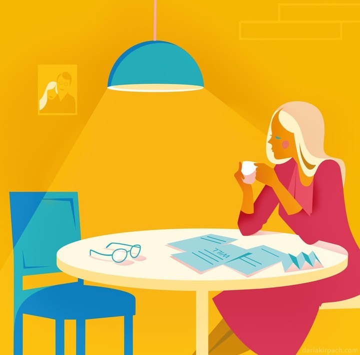 Illustration of a woman sitting at a table with legal documents, a cup, and glasses, beneath a hanging lamp, set against a yellow background.