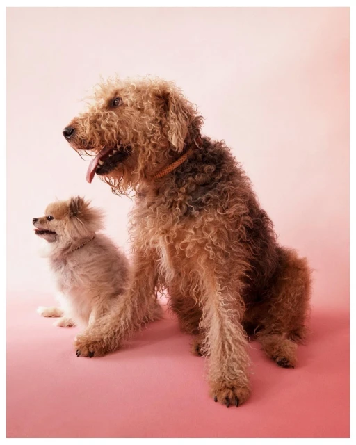Two dogs, an Airedale Terrier and a small breed, sit together on a pink background in a portrait shot. The larger dog is in focus.