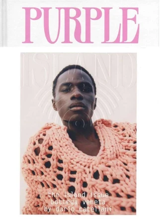 Magazine cover featuring a Black male model wearing a pink knit sweater, set against a light background. The magazine title 'PURPLE' is above.
