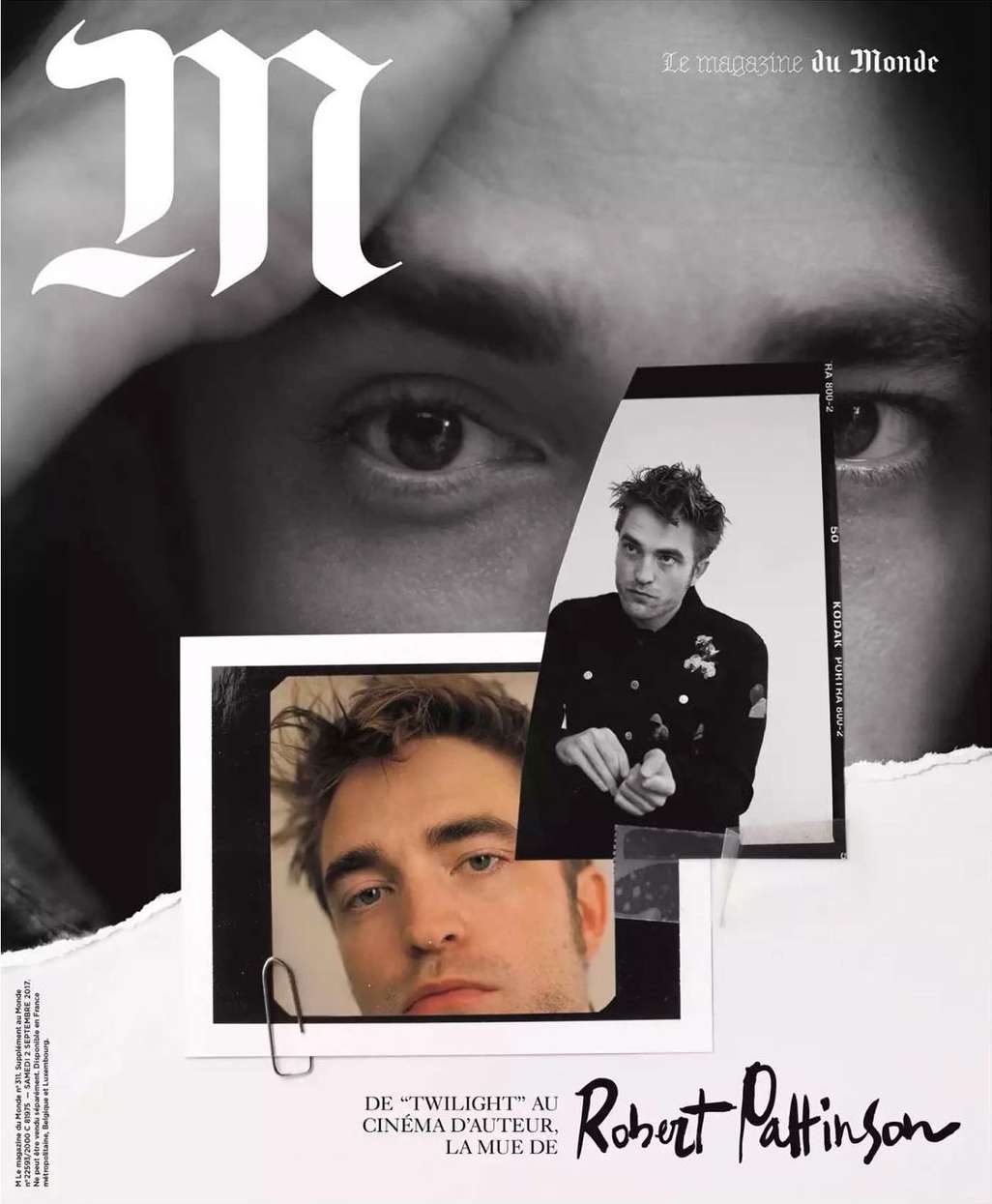 Robert Pattinson is featured on a magazine cover. A black-and-white portrait and photographs collage with text 'Le magazine du Monde'.