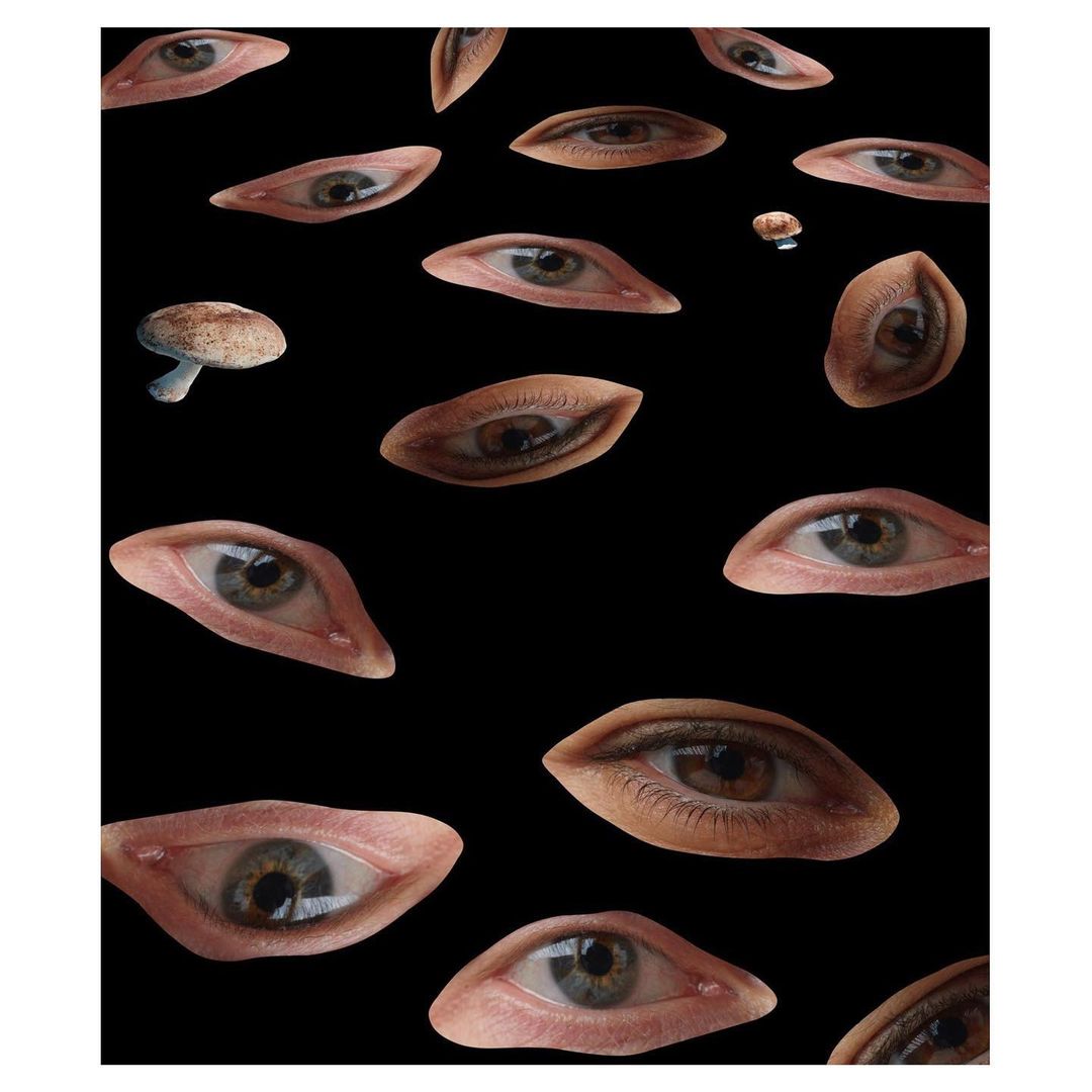 Surreal digital art composition featuring multiple human eyes floating against a stark black backdrop, with a small scattering of mushrooms.