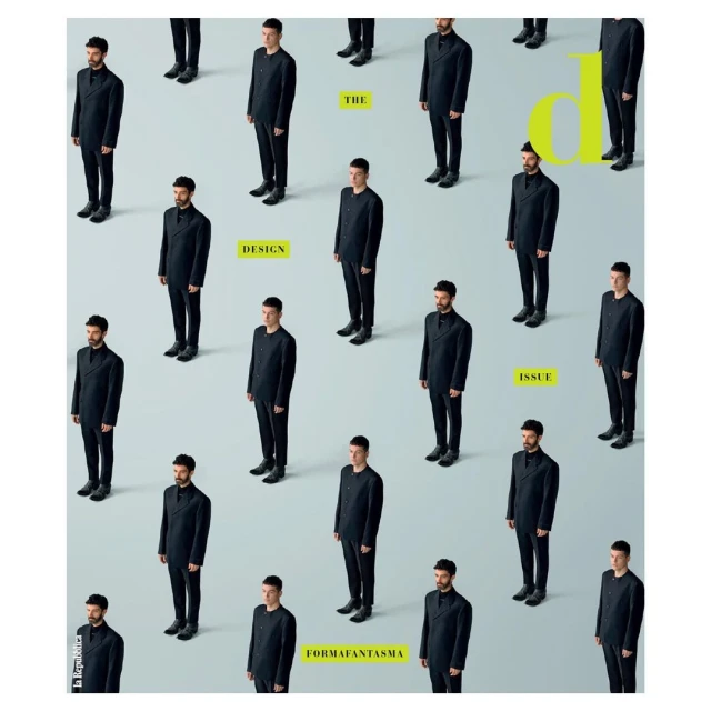 Magazine cover featuring a grid of adult males in dark suits against a pale background, with yellow text elements.