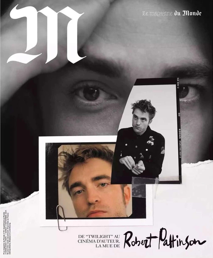 Collage style magazine cover featuring Robert Pattinson with torn paper layers, film strip portraits and bold typography by Dario Catellani.