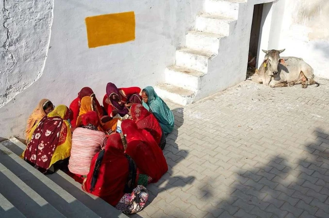 A group of women in saris sit on stairs near a white wall with a yellow rectangle, while a cow rests in the background on brick.