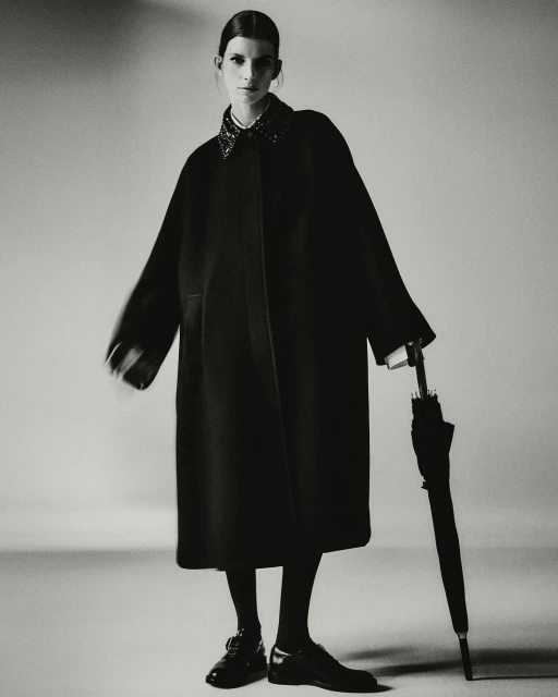 Monochrome studio fashion portrait of an adult woman posing in a dark coat with an umbrella, dark tights, and dark shoes.