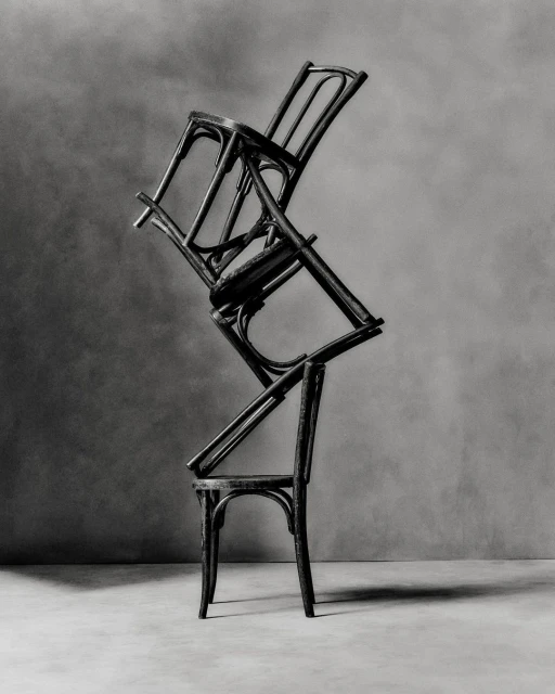 Monochromatic studio shot of three bentwood chairs stacked unevenly, creating an abstract furniture art installation against a gray backdrop.