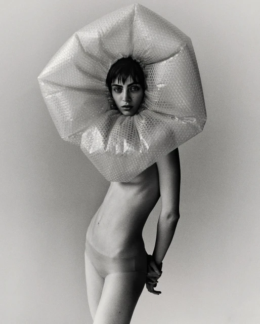 Striking black and white portrait of a woman wearing a bubble wrap collar and headpiece against a plain backdrop, fashion, conceptual.