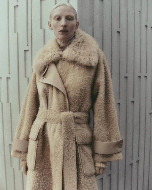 An adult female poses indoors wearing a beige, faux fur coat with matching gloves in front of a textured wall for a fashion editorial.