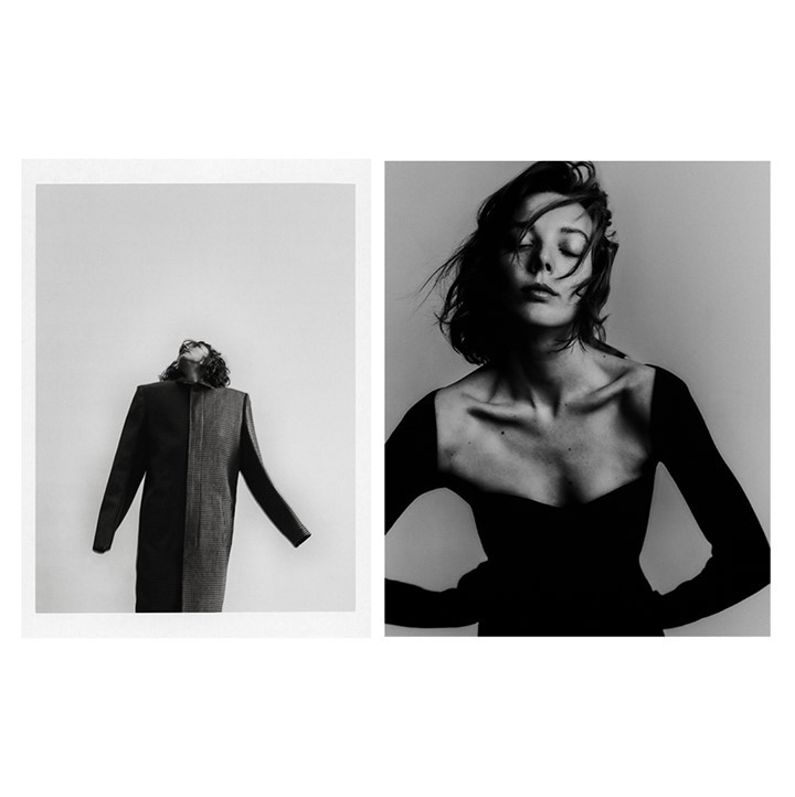 Black-and-white fashion photography featuring a model and a tailored coat, emphasizing monochrome aesthetics and studio portraiture.