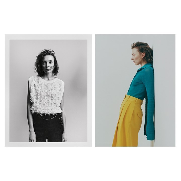 Two fashion portraits: one black and white photo of a woman in a fringed top and one colour photo of a woman leaning against a wall.