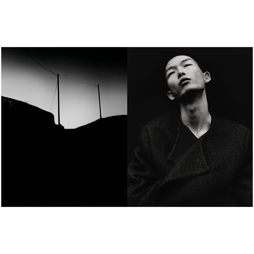 Monochrome diptych: A model in a coat looks upward on the right, juxtaposed with a stark landscape scene on the left.