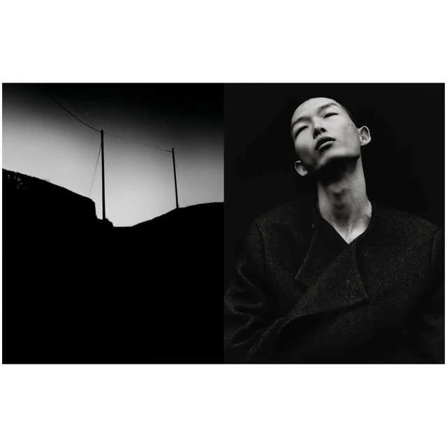 Monochrome diptych: A model in a coat looks upward on the right, juxtaposed with a stark landscape scene on the left.